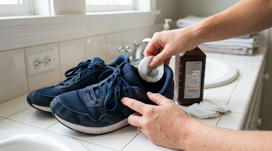 A bottle of rubbing alcohol and cotton pads next to mesh running shoes on a bathroom counter.