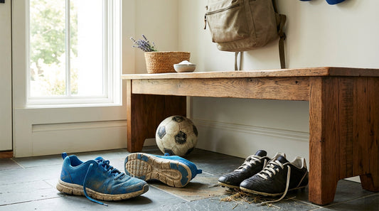 A collection of colorful children's sneakers and soccer cleats on a wooden mudroom bench, representing the need for a safe shoe deodorizer for kids.