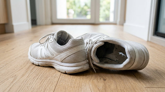 White synthetic mesh sneakers on a light oak floor, one shoe tipped over near a glass patio door.