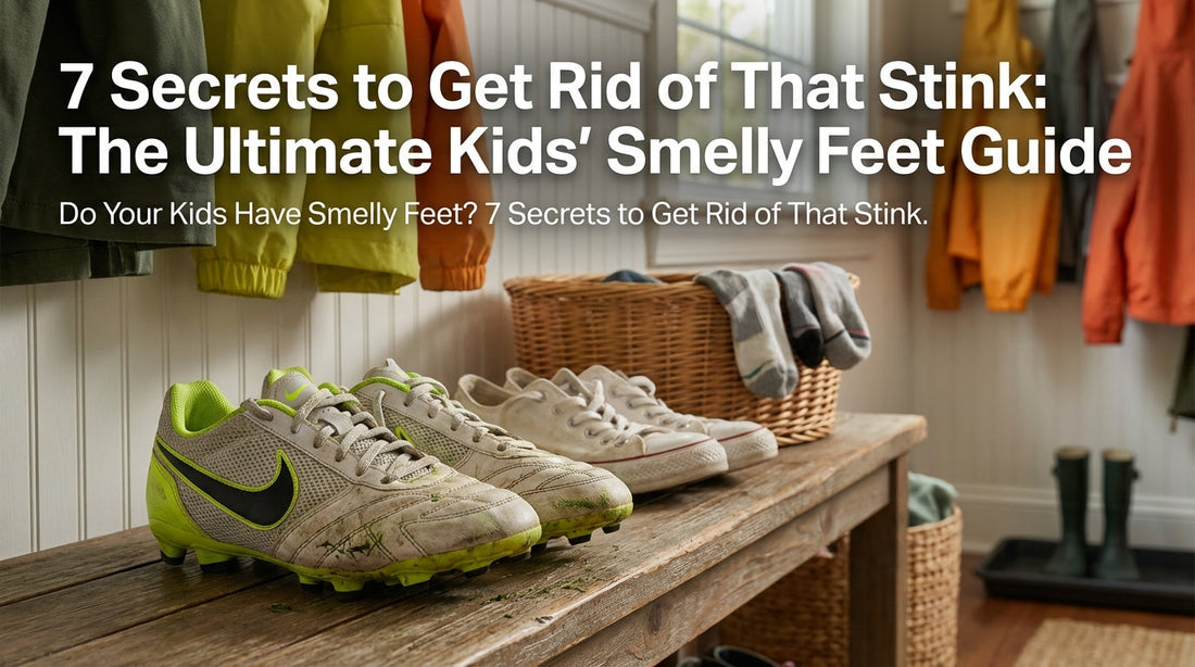 A pair of soccer cleats and canvas sneakers on a wooden mudroom bench with athletic socks nearby.