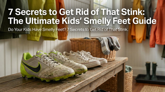 A pair of soccer cleats and canvas sneakers on a wooden mudroom bench with athletic socks nearby.