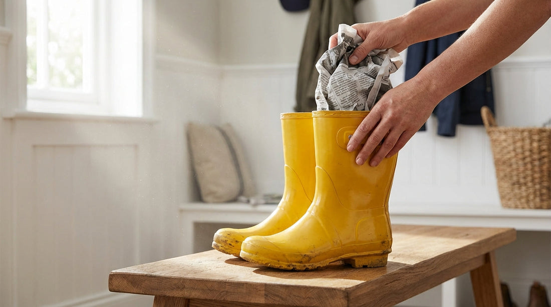 Bright yellow rubber rain boots being stuffed with crumpled newspaper on a mudroom bench to remove moisture and odor.