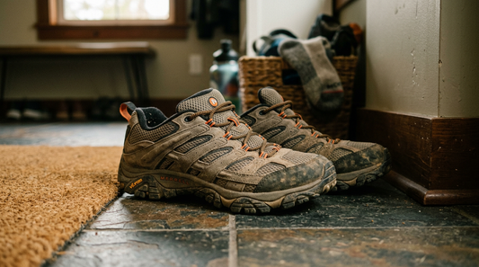 A pair of dusty Merrell Moab 3 mesh hiking shoes with orange accents on a slate mudroom floor.