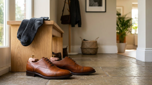 Polished leather dress shoes and cedar shoe trees on a modern entryway bench with wool socks.