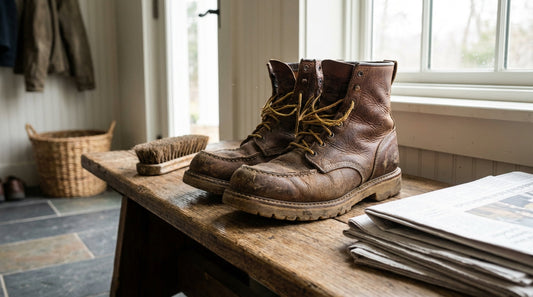 Brown leather landscaper work boots on a wooden mudroom bench with a scrub brush and newspaper nearby