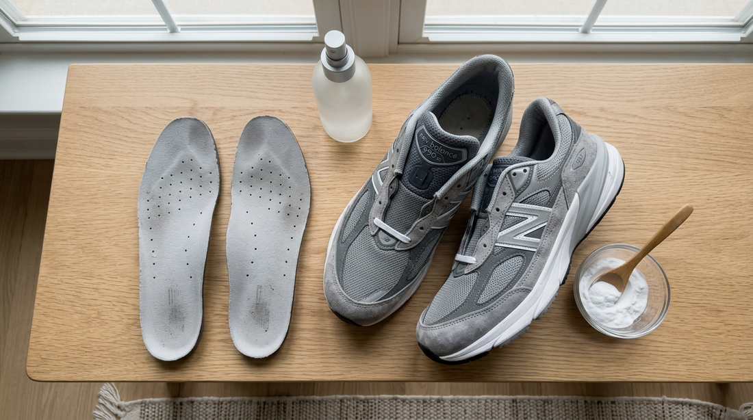 A pair of grey New Balance 990v6 sneakers with insoles removed next to a bowl of baking soda and a spray bottle on a wooden bench.
