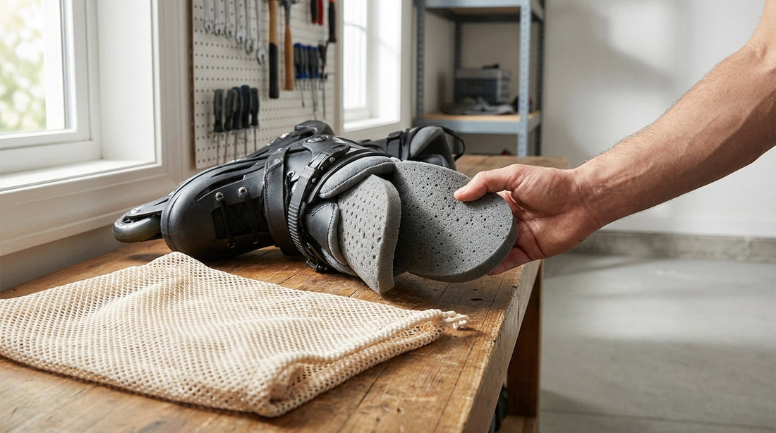 A pair of black inline rollerblades with gray foam liners partially removed on a wooden bench next to a mesh laundry bag.