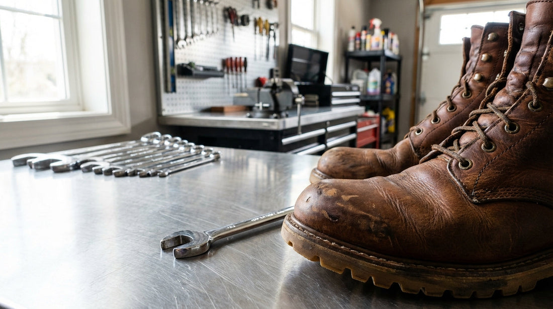Heavy-duty leather mechanic work boots with oil-resistant soles resting on a steel workbench next to a set of chrome wrenches.