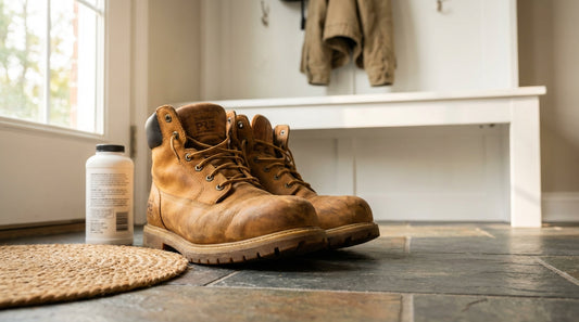 A pair of wheat-colored oiled leather work boots sitting on a slate tile entryway floor next to a bottle of white foot powder and a natural fiber doormat.