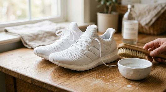 A pair of white Primeknit sneakers on a clean wooden table next to a soft-bristled brush and a bowl of water.