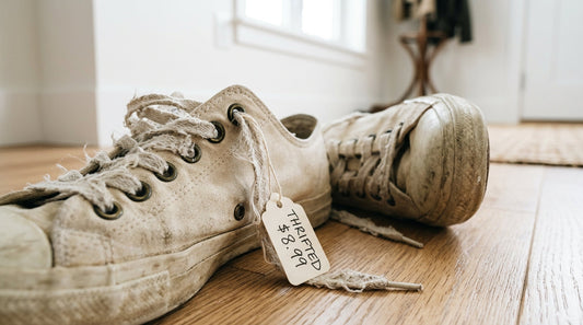 A pair of vintage cream-colored canvas sneakers with frayed cotton laces and a small paper thrift store price tag attached to the eyelet, sitting on a light oak floor.