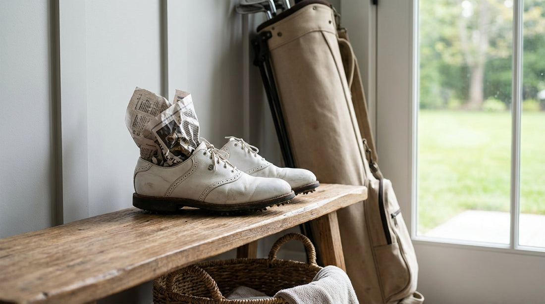 White leather golf shoes with crumpled newspaper inside sitting next to a professional golf bag in a bright mudroom.