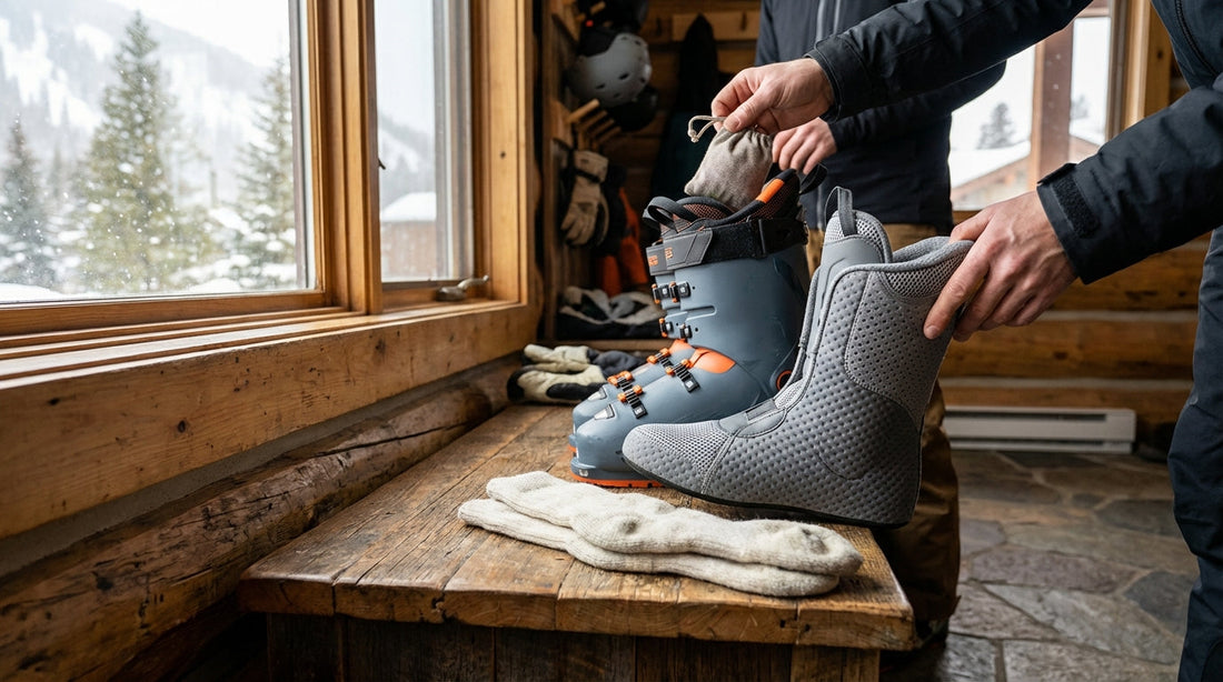 A pair of professional ski boots with liners partially removed on a wooden lodge bench, showcasing 6 easy methods for fixing stinky ski boots.