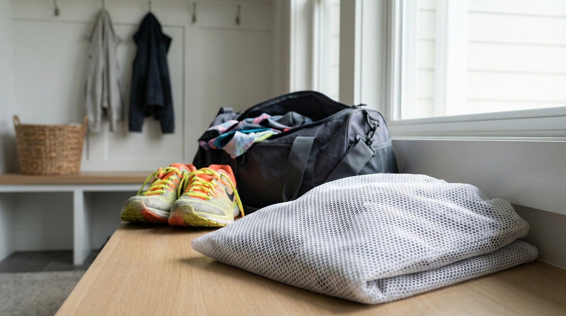 An unzipped nylon gym bag on a mudroom bench with neon-laced running shoes and a white mesh laundry bag, demonstrating how to deodorize sports gear naturally.