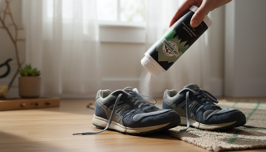 Natural Foot Powder in home entryway eliminating shoe odor from sneakers