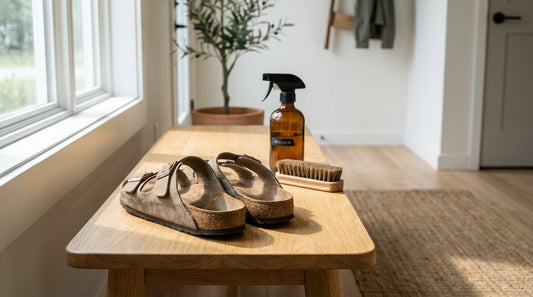 A pair of cork-soled sandals sits on a light oak entryway bench next to an amber glass spray bottle and a soft-bristled suede brush.