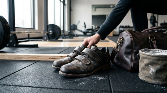 Professional weightlifting shoes with velcro straps sitting on a black rubber gym mat next to a leather gym bag and a chalk bucket.