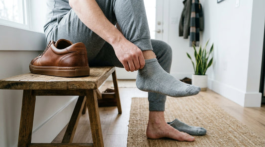 A person sitting on a wooden bench removing a leather sneaker and a grey sock in a bright entryway.