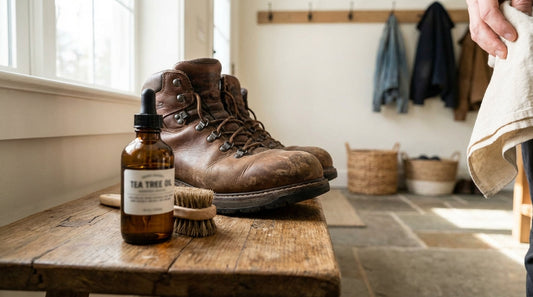 Leather hiking boots on a wooden mudroom bench next to an amber glass tea tree oil dropper bottle