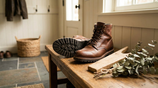 Pair of brown leather lug boots with thick rubber soles resting on a wooden entryway bench with a sprig of eucalyptus.