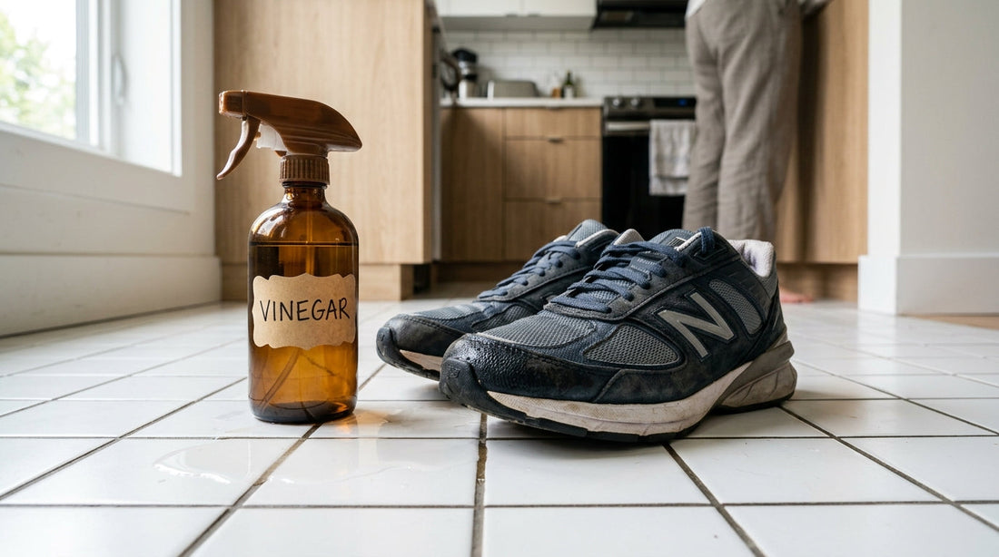 Mesh athletic sneakers on a white tile floor next to a glass spray bottle of vinegar and a spilled puddle.