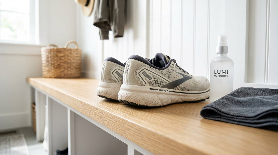 A pair of Brooks Ghost running shoes on a mudroom bench with a natural deodorizer spray bottle and a gym towel
