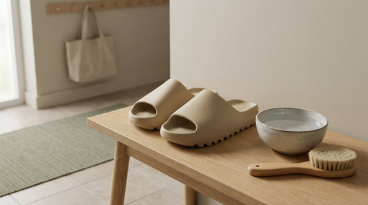 A pair of neutral-toned foam slides sitting next to a ceramic water bowl and a soft wooden brush on a clean entryway bench.