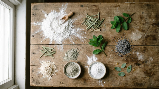 Arranged natural ingredients for talc free foot powder benefits including clays and arrowroot