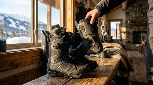 A pair of black snowboarding boots with one foam liner partially removed on a rustic wooden bench near a window with mountain views.