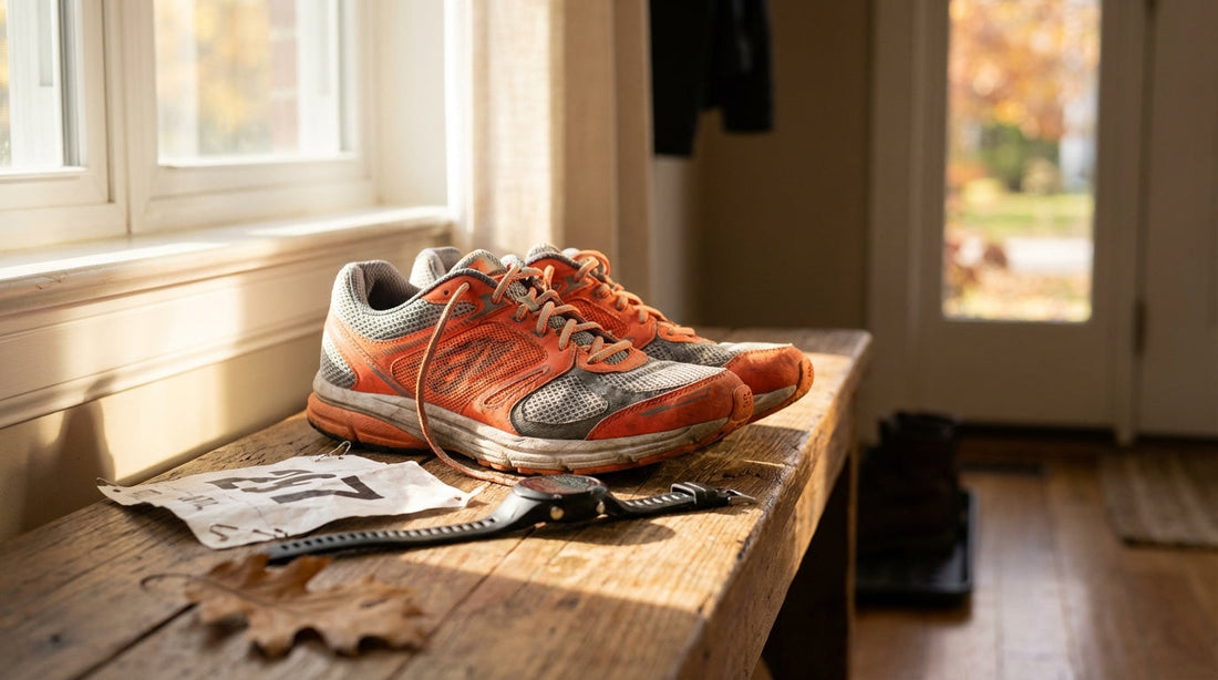 Running shoes with a race bib and a digital watch on a wooden bench in morning light