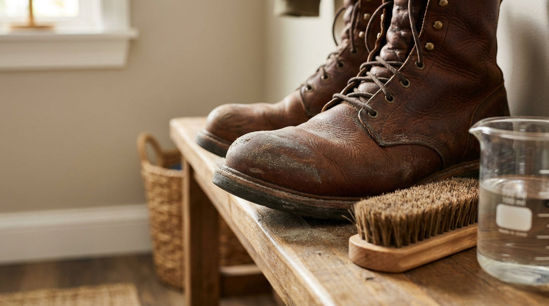 Brown leather work boots with concrete dust on a wooden bench with a cleaning brush nearby