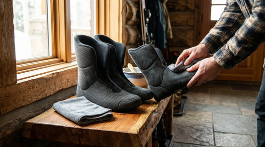 A pair of foam ski boot liners being cleaned on a wooden bench with a microfiber cloth and bowl of water.