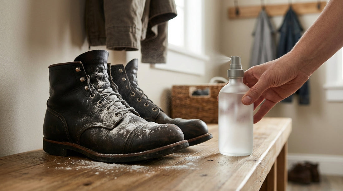 Dark leather work boots with white baking soda residue on a wooden mudroom bench next to a frosted glass spray bottle