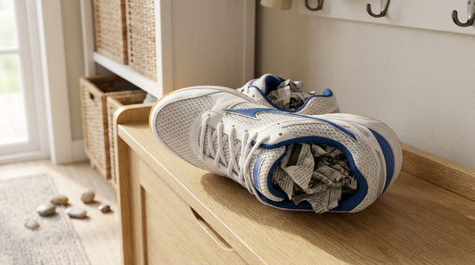 A pair of white synthetic mesh volleyball shoes with blue accents sitting on a wooden bench with crumpled newspaper stuffed inside to absorb moisture.