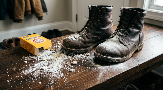 A comparison of a messy baking soda box and cornstarch pile next to a clean application of zinc oxide foot powder on leather work boots.