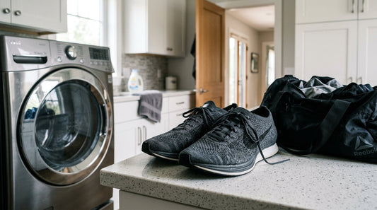 A pair of damp knit running sneakers sitting on a laundry room counter next to a washing machine door with a gym bag nearby.