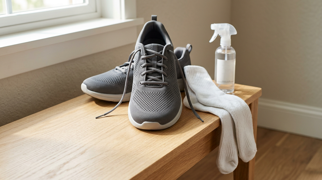 Diabetic safe shoe spray and orthopedic sneakers on a wooden bench with morning light