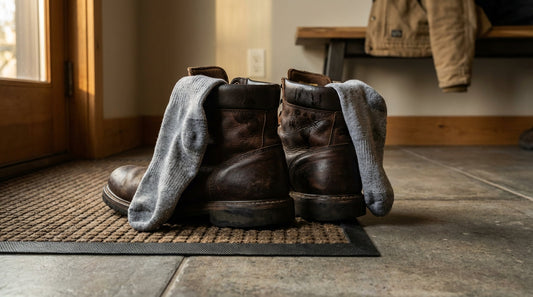 A pair of heavy-duty work boots with damp socks draped over the leather collars on a mudroom floor, evoking warehouse boot odor frustration.