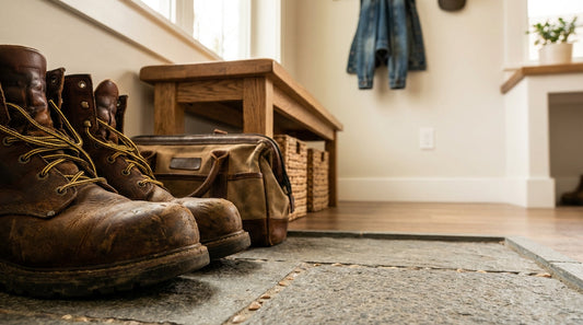 A pair of heavy-duty leather work boots with yellow laces sitting on a boot tray in a clean mudroom entryway