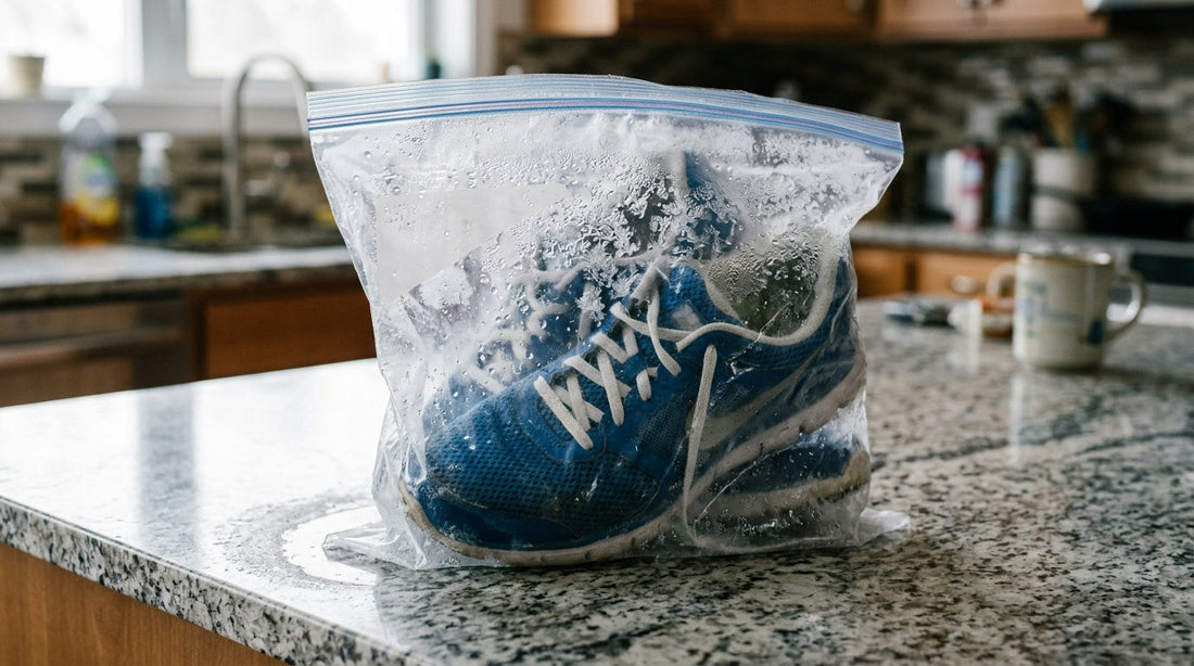 A pair of blue mesh athletic sneakers inside a frosted-over zip-lock bag sitting on a granite kitchen countertop.