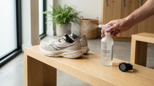 Saucony Ride running shoes with thick PWRRUN cushioning and a non-toxic odor spray bottle on a gym bench