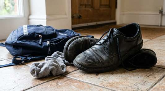 Smelly school shoes kicked off on a tiled floor next to a discarded school bag and socks.