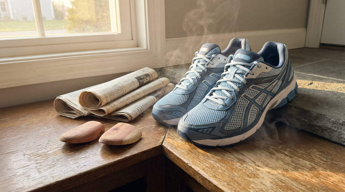 A pair of athletic running shoes resting on a concrete porch after a morning workout, evoking the need to prevent running shoes from smelling.