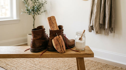 A pair of leather boots with cedar shoe trees and a jar of baking soda on a wooden entryway bench, demonstrating a natural shoe odor remedy.