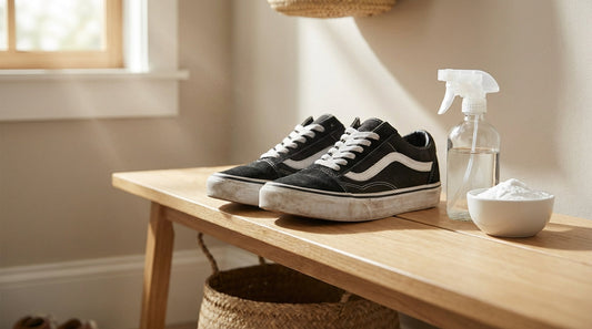 Classic black and white Vans Old Skool sneakers on a wooden bench with a spray bottle and baking soda bowl nearby