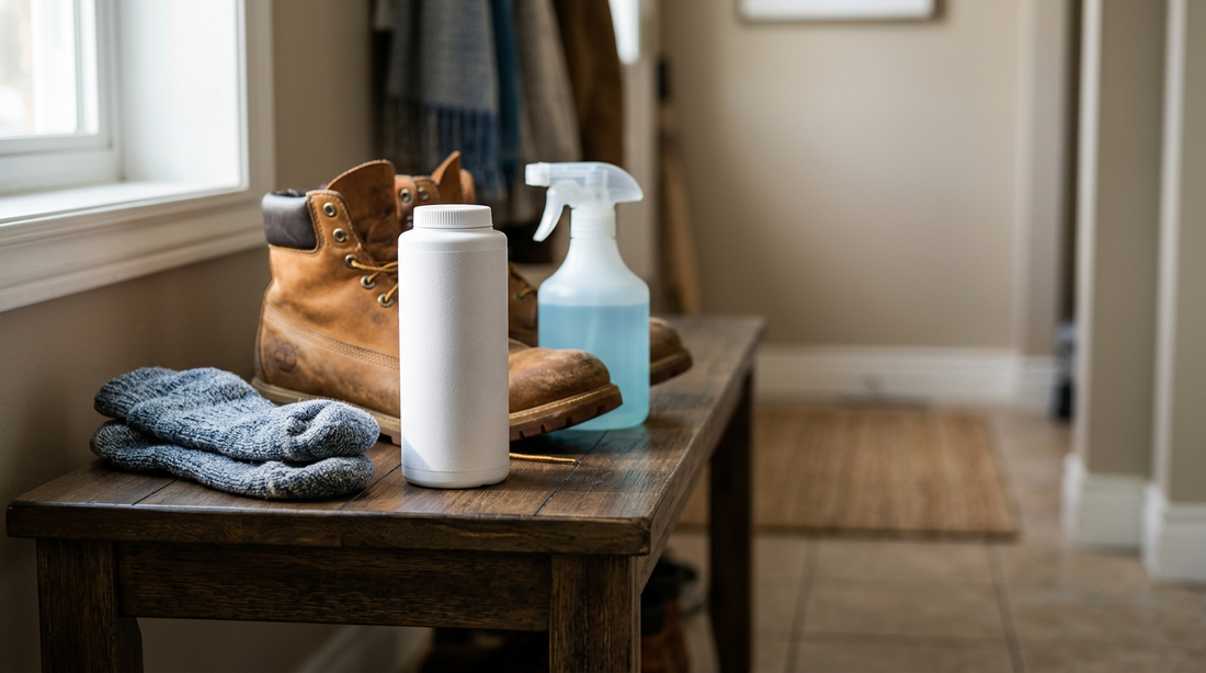 A pair of worn leather work boots next to a natural powder shoe deodorizer and a generic spray bottle on a wooden bench.