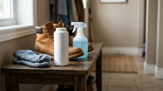 A pair of worn leather work boots next to a natural powder shoe deodorizer and a generic spray bottle on a wooden bench.