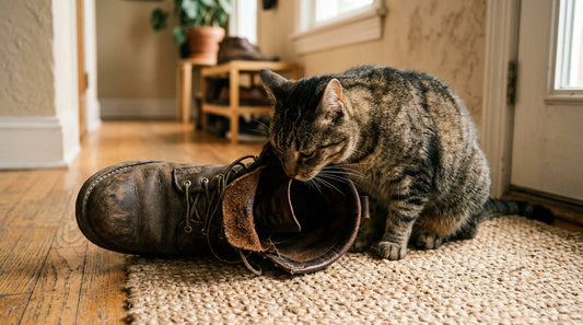 A domestic cat sniffing the opening of a worn leather work boot on a jute rug, pet attracted to boot smell concept.
