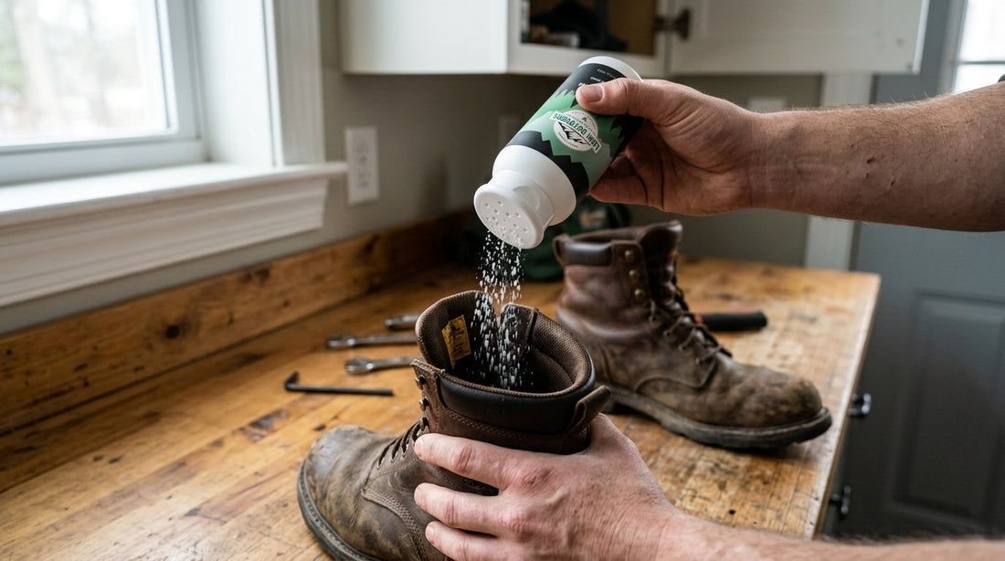 Heavy-duty brown leather work boots on a wooden bench being treated with foot powder for work boots.
