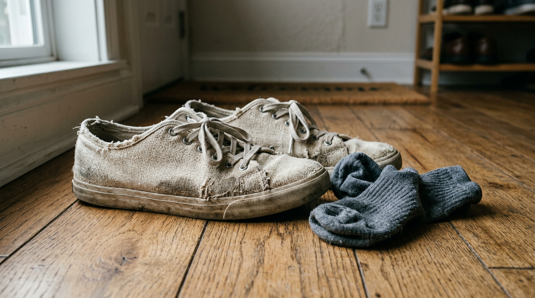 A pair of well-worn off-white hemp sneakers and crumpled socks on a wooden floor, representing smelly hemp shoes.